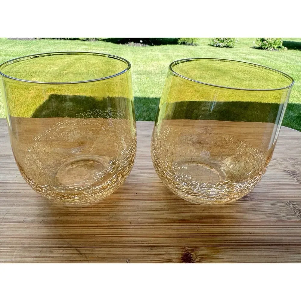 Pier 1 Amber Crackle Golden Luster Stemless Wine / Lowball Tumbler Glass~ 2 Pc